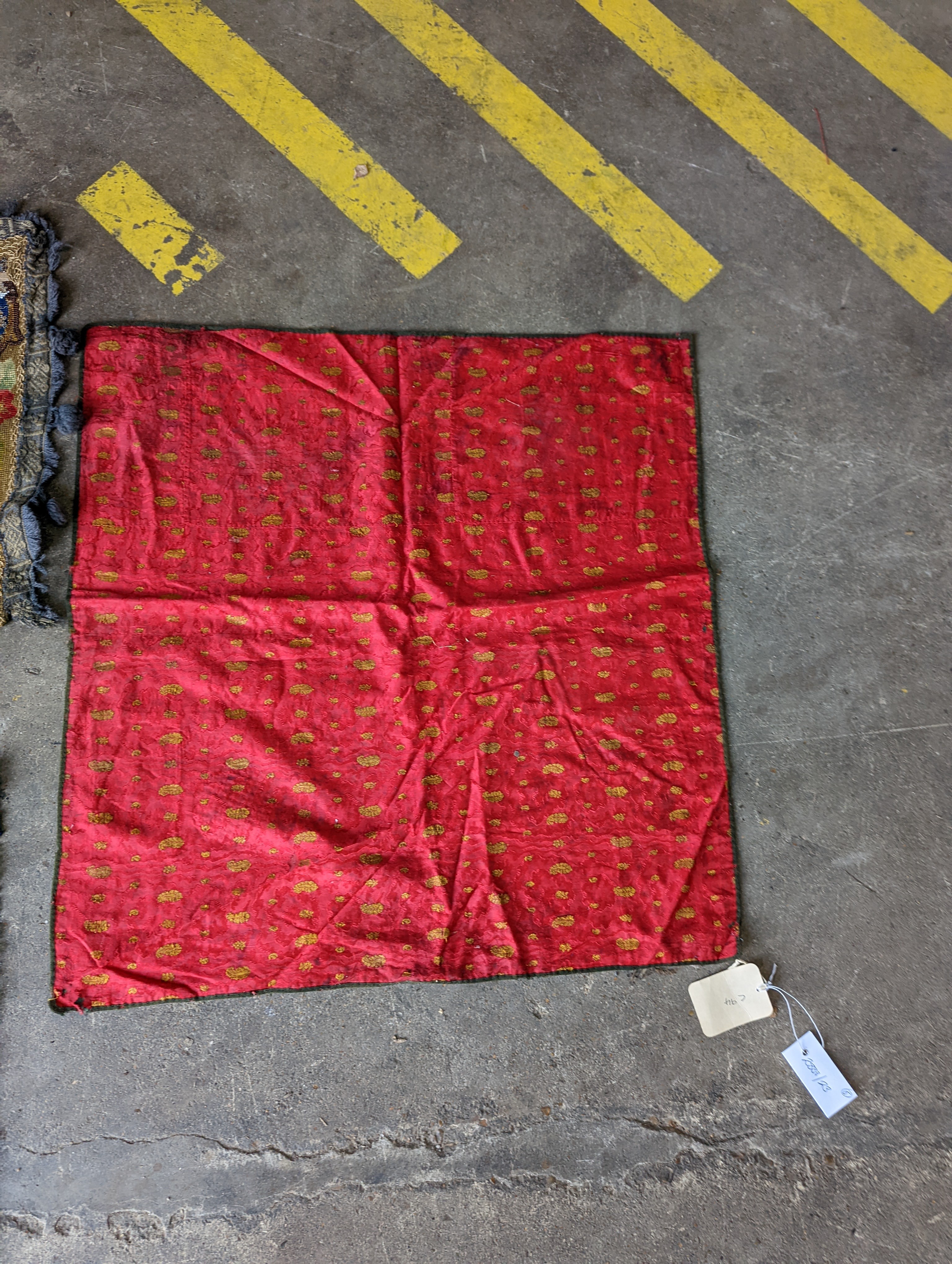 An Ottoman silk Koran cloth, three needle and bead work covers and assorted textiles